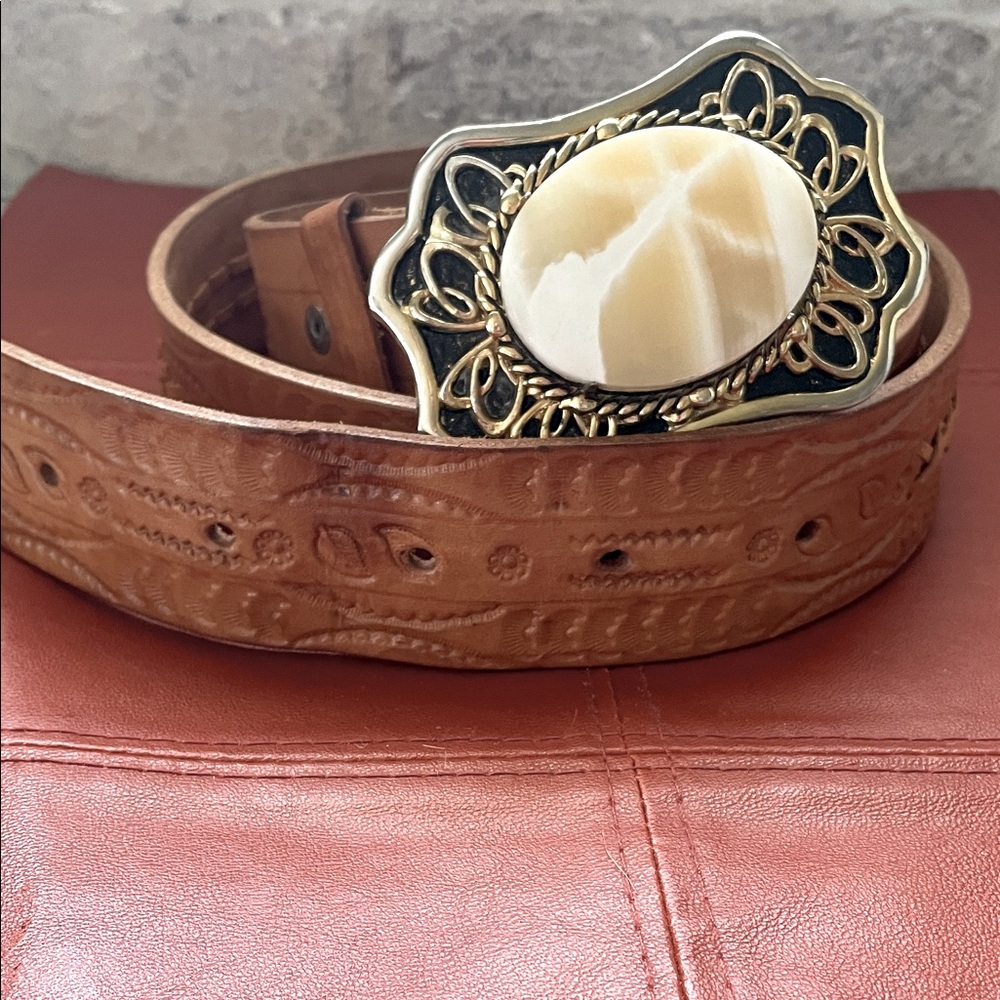 Tan Leather Belt with Gold Faux Stone Buckle
